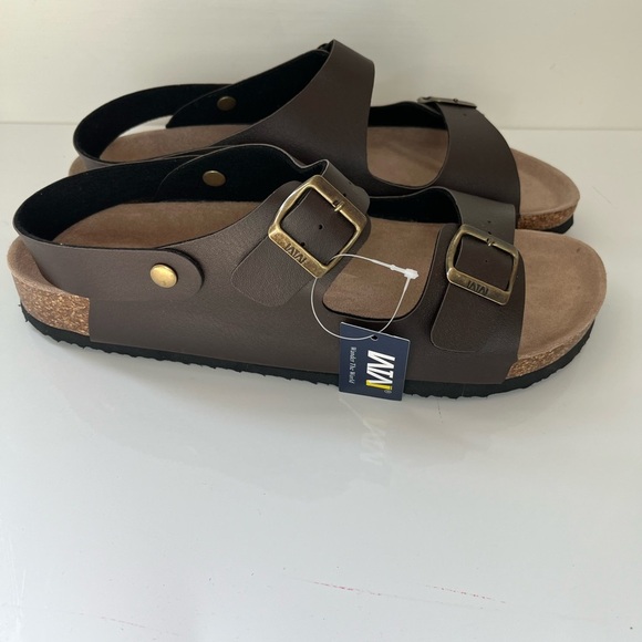 NEW Men's Size 12 Brown Leather Cork Footbed Sandals Slip on with Buckle Straps - Picture 1 of 11